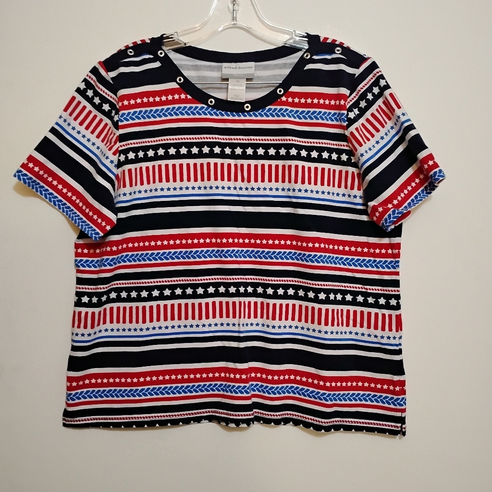 ALFRED DUNNER Petite PL Striped Star Patterned Red-White-Black Cotton Top Women'